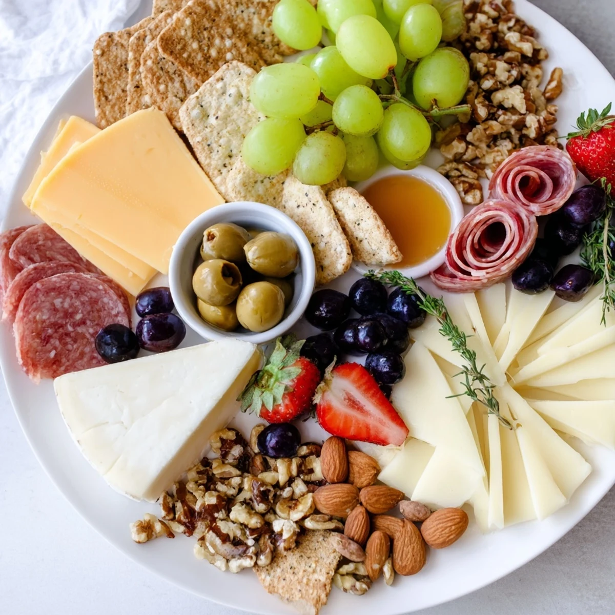 A beautiful Girl Dinner Quick Charcuterie Snack Board, overflowing with savory meats, cheeses and sweet grapes.