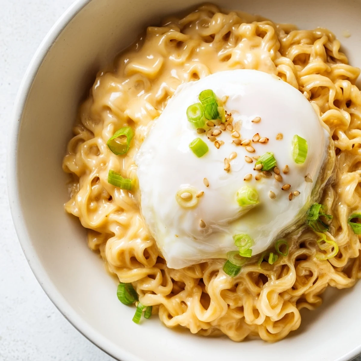 Steaming Instant Cheese Ramen Bowl, with melted cheese and a poached egg, ready to eat.