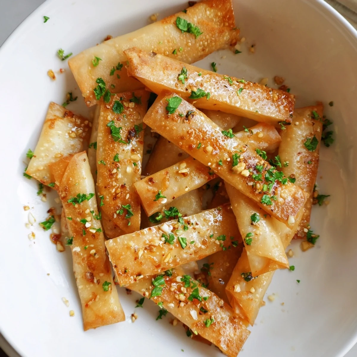 Freshly fried crispy garlic lumpia chips, showcasing the enticing aroma of garlic and golden perfection.