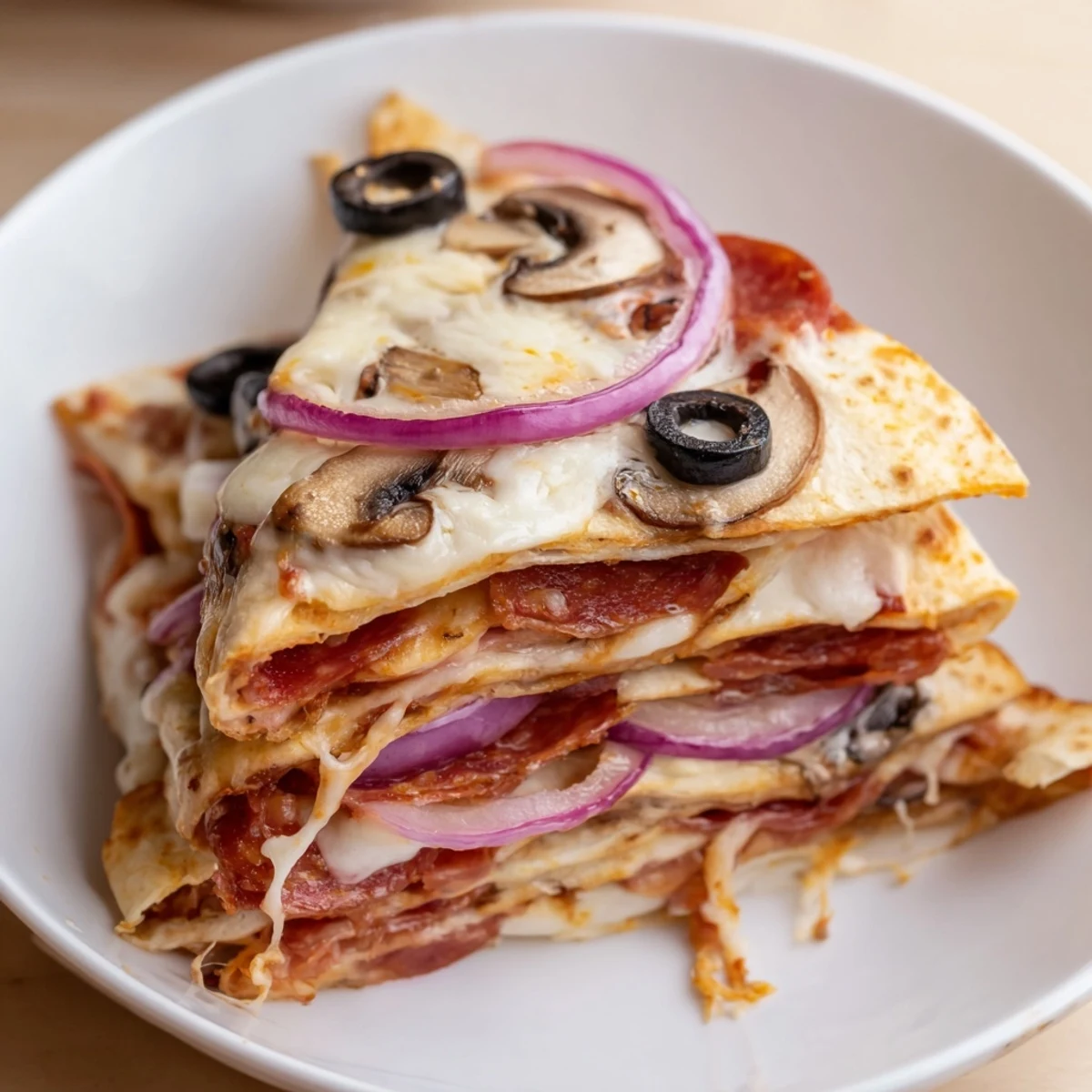 Golden-brown Cheesy Tortilla Pizza Wrap filled with melty mozzarella and savory pepperoni, ready to enjoy.