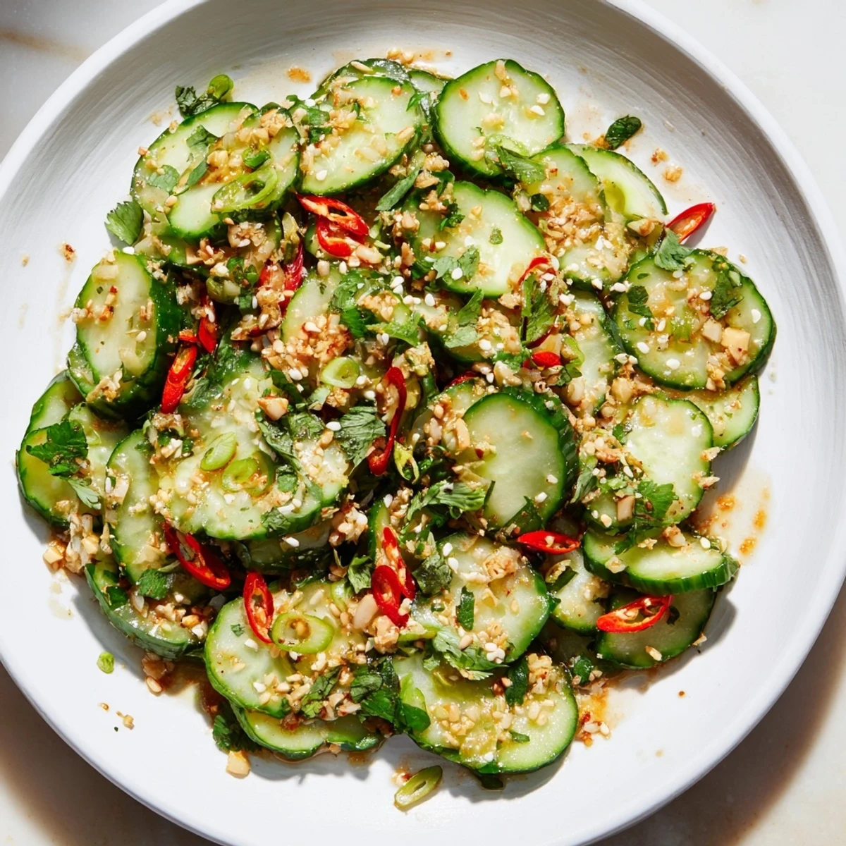 A close-up view of a bright, cooling Shaken Asian-Style Cucumber Salad with chili flakes.