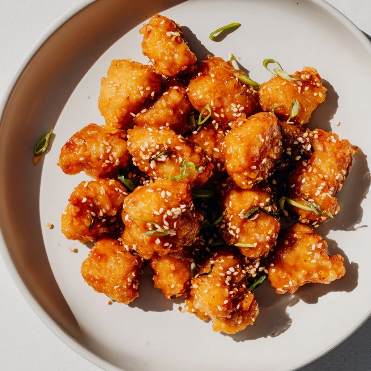 Golden-brown Honey-Sriracha Chicken Bites glistening with a spicy and sweet glaze, ready to enjoy.