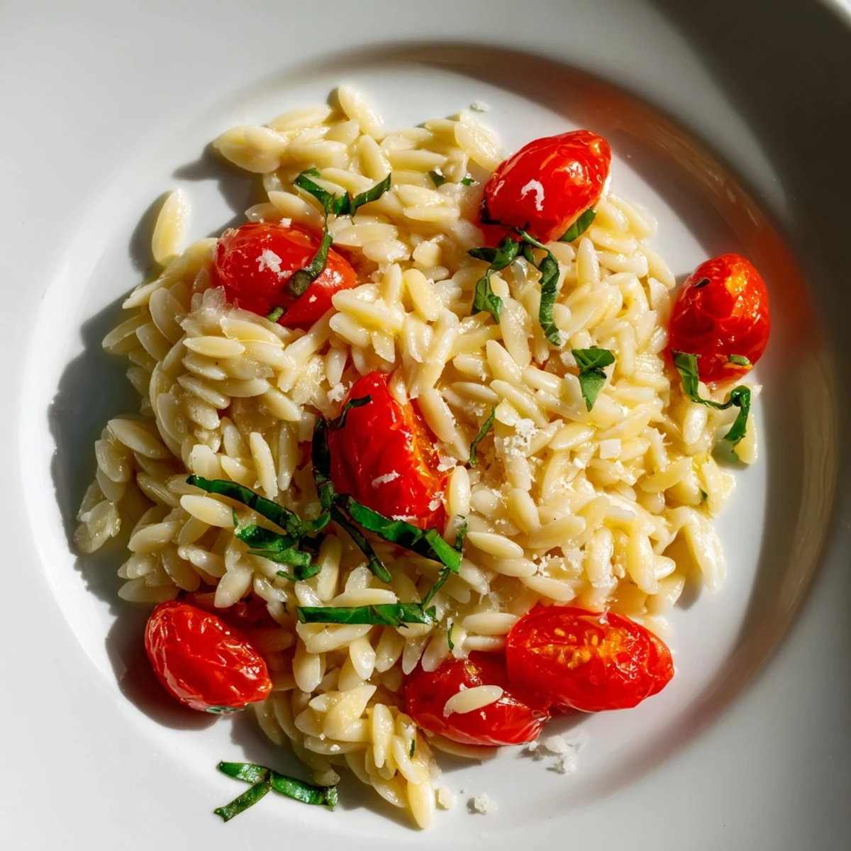 Golden orzo tomato Parmesan showcasing bright red tomatoes and fresh basil, ready to enjoy.