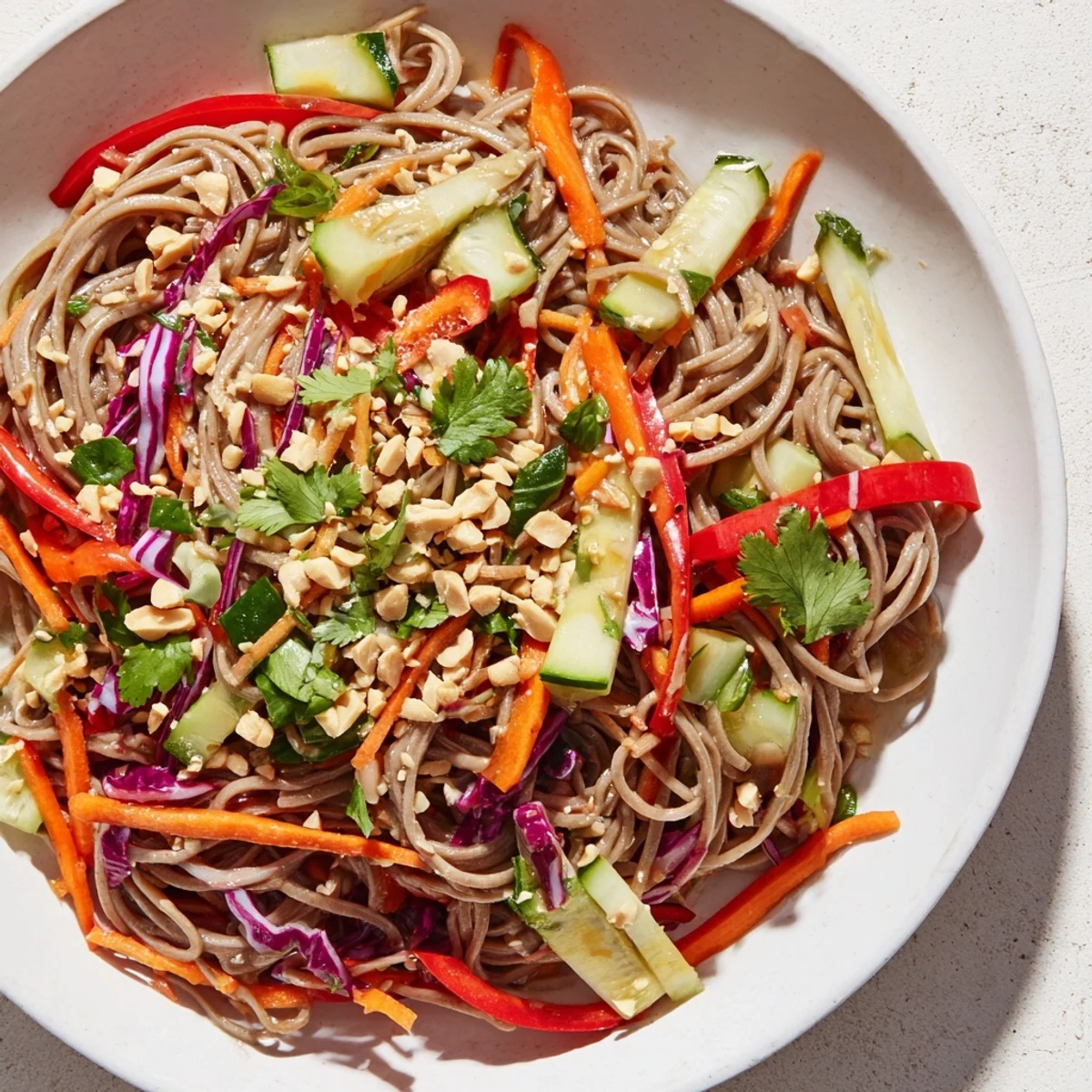 Flavorful Cold Noodle Salad with Sesame-Ginger Dressing, with a medley of colorful veggies and toasted sesame seeds ready to eat.