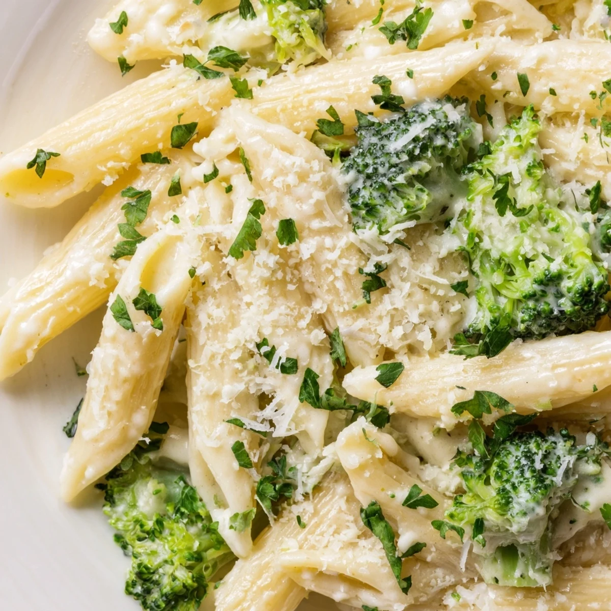 A bowl of creamy cream cheese garlic pasta, tossed with broccoli and fresh parsley.