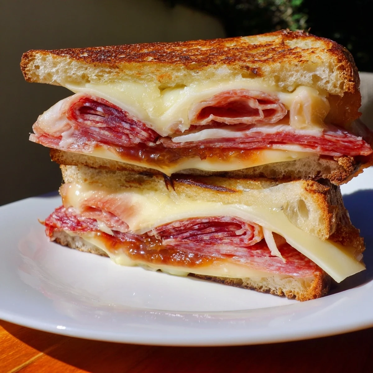 Golden-brown Charcuterie Grilled Cheese with melted cheese oozing between toasted bread slices for a delicious meal.