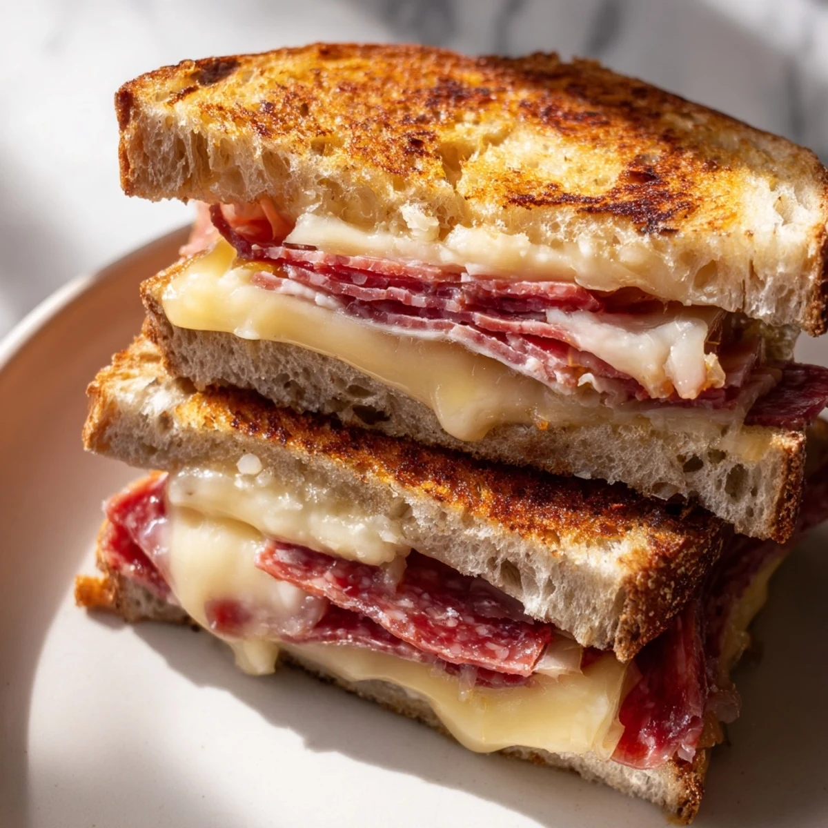 Savory charcuterie grilled cheese sandwich featuring layers of meats and cheeses, perfect for a cozy lunch or dinner.