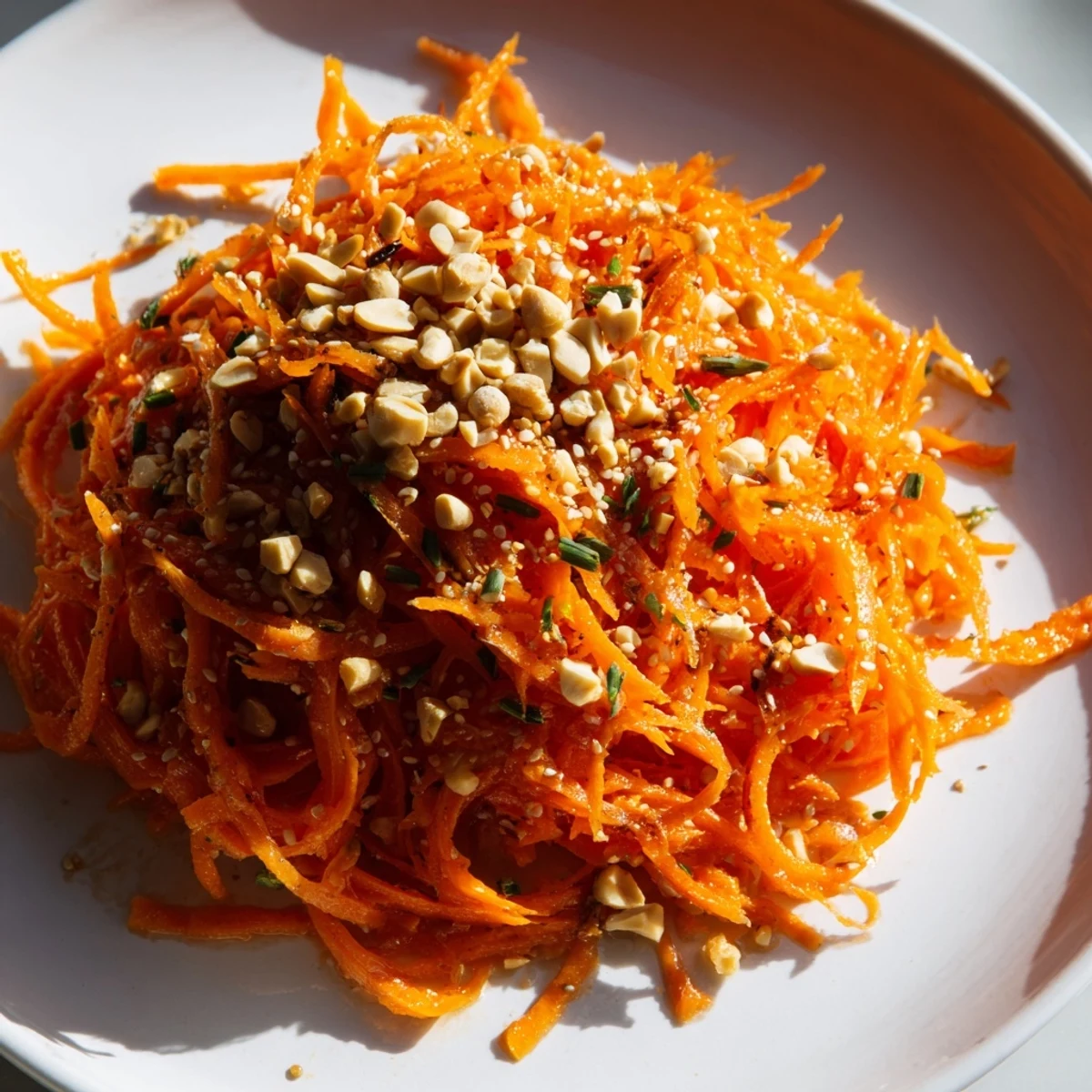 A bright orange Spicy Carrot Salad with sesame seeds, ready to serve as a cool side.
