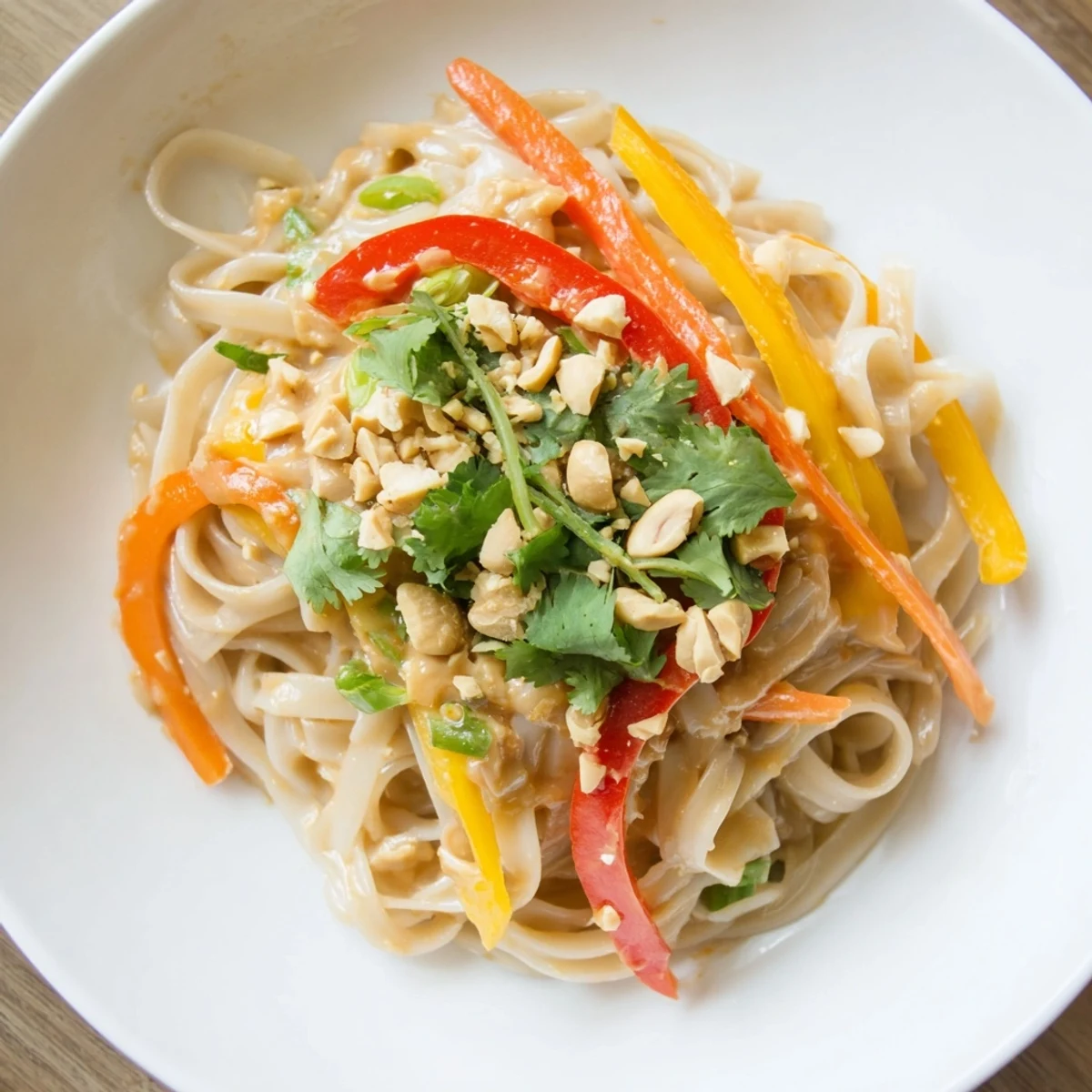 Steaming bowl of spicy peanut noodles, garnished with cilantro and peanuts, ready to enjoy.