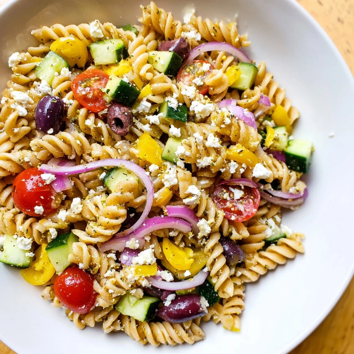 A vibrant bowl of lemon pasta salad, featuring colorful veggies and creamy feta cheese.