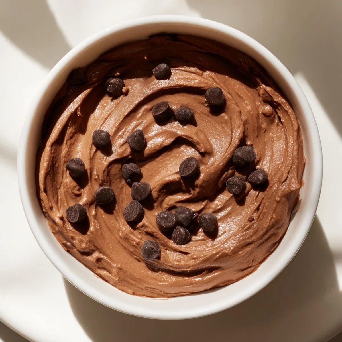Creamy chocolate hummus swirled, garnished with dark chocolate chips, ready for dipping pretzels.