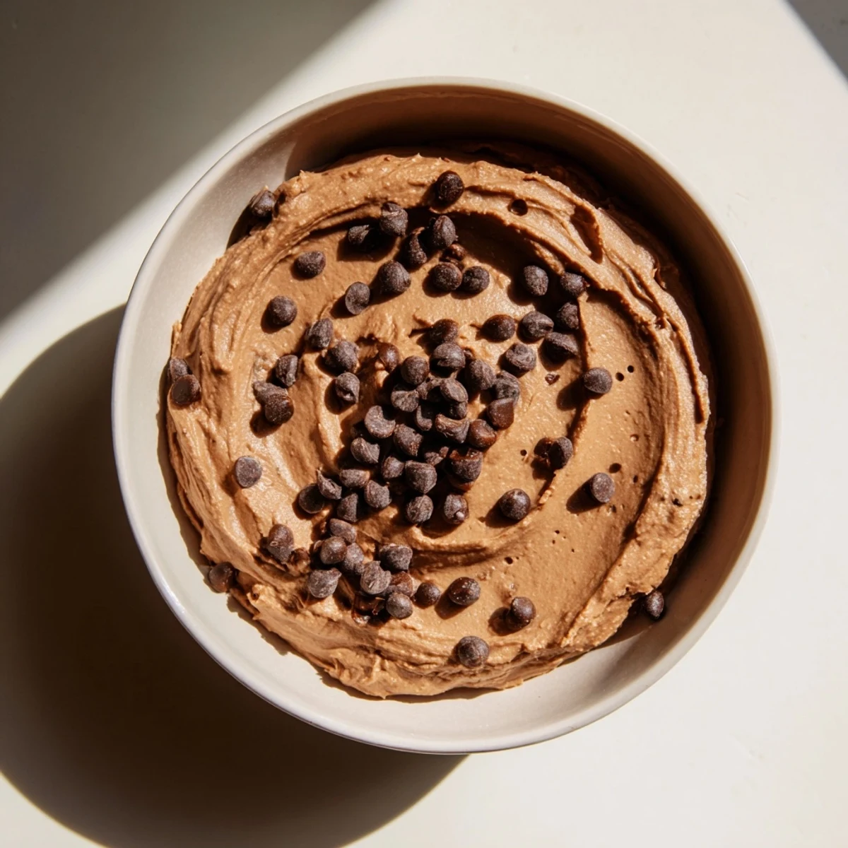 A bowl of rich, smooth chocolate hummus ready to be scooped with fresh strawberries.