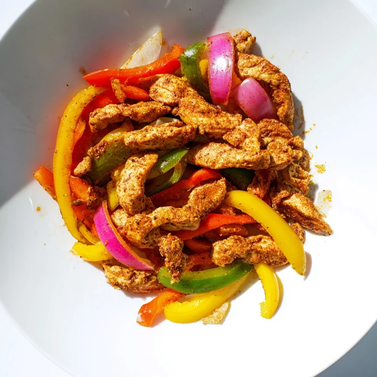 Sheet pan chicken fajitas: sizzling strips of chicken and colorful bell peppers, ready to be wrapped in a tortilla.