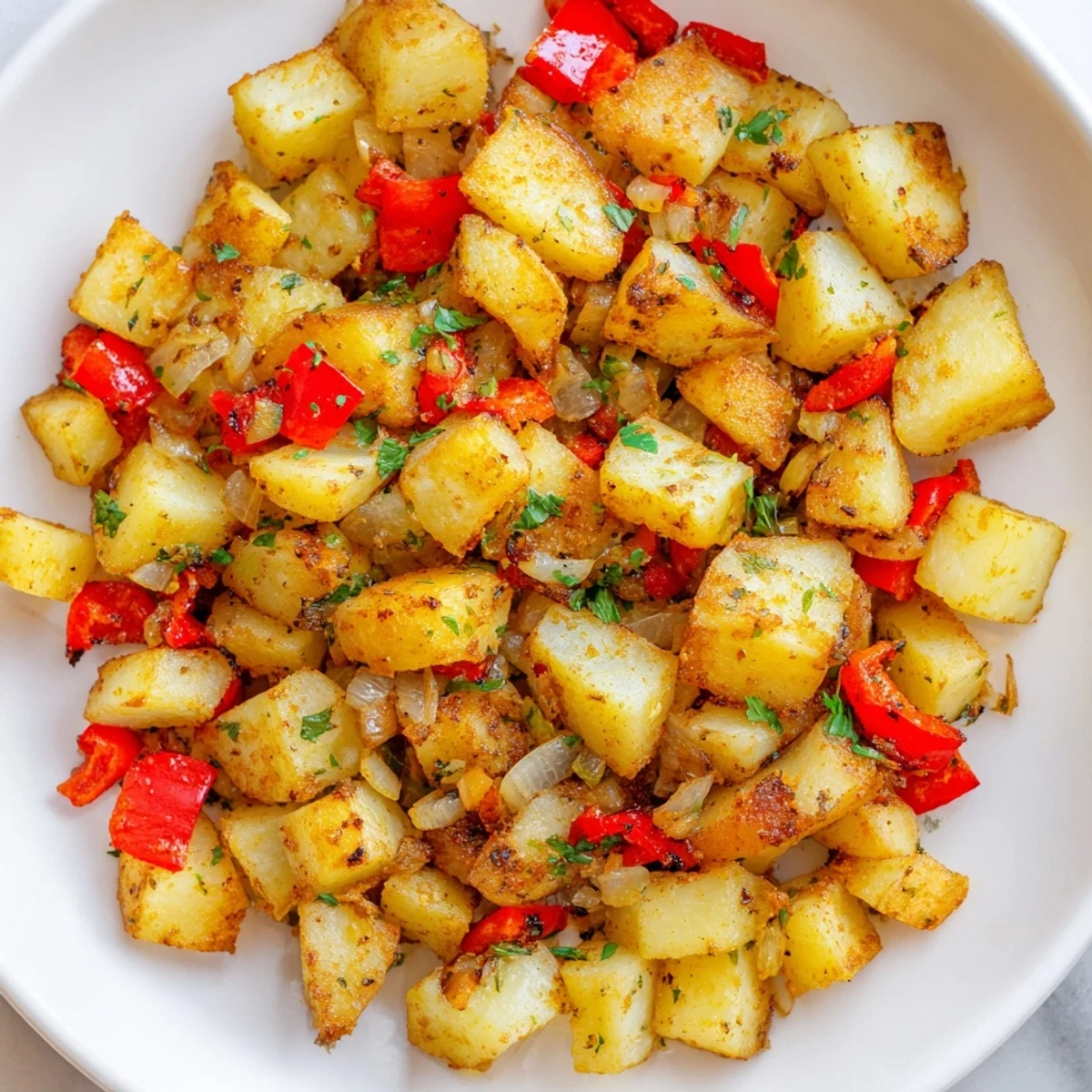Golden, crispy Air Fryer Breakfast Potatoes, piled high with diced onions and bell peppers, ready to serve.
