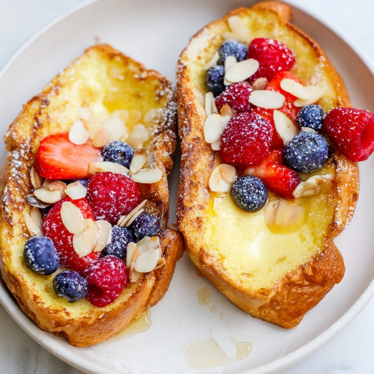 Golden-brown custard toast, served with fresh berries, offering a delightful breakfast experience.