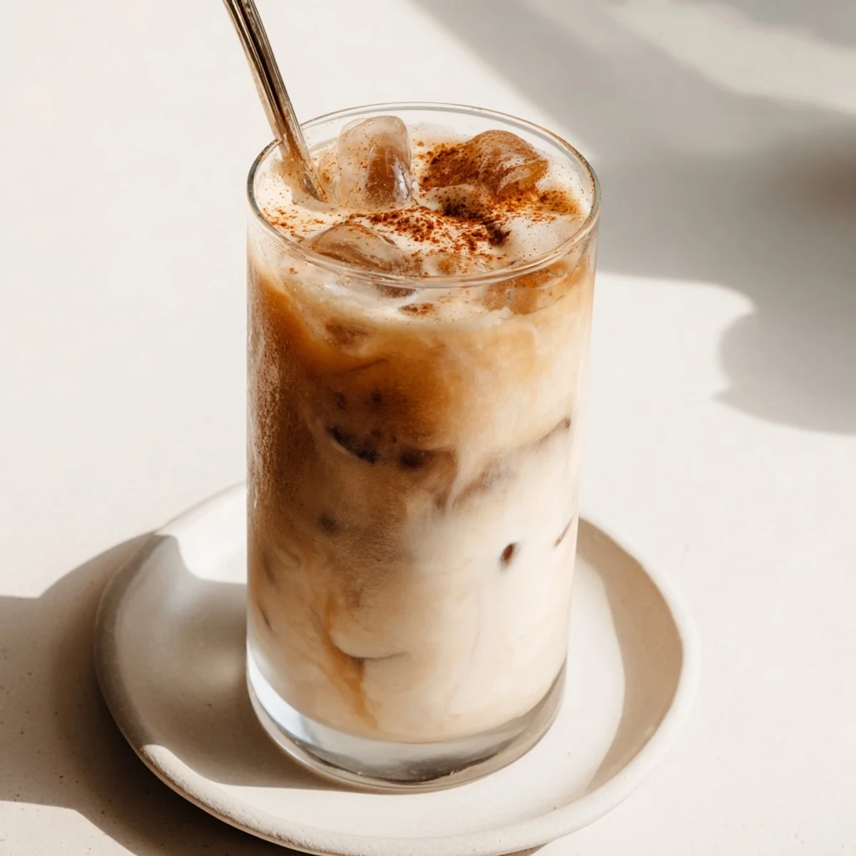 Creamy, blended Proffee Power Blend iced latte: a rich beverage with hints of vanilla and chocolate.