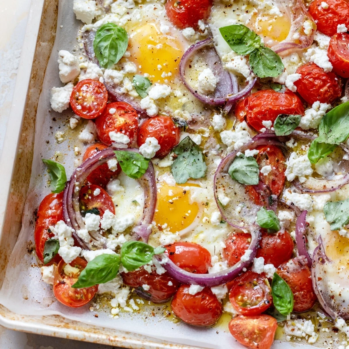 Fragrant Tomato Feta Baked Eggs, perfectly roasted with feta, basil, and runny egg yolks.