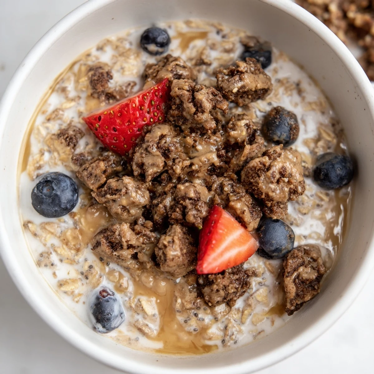 Enjoy the richness of an overnight oats gourmet makeover, topped with fresh berries and nut butter.