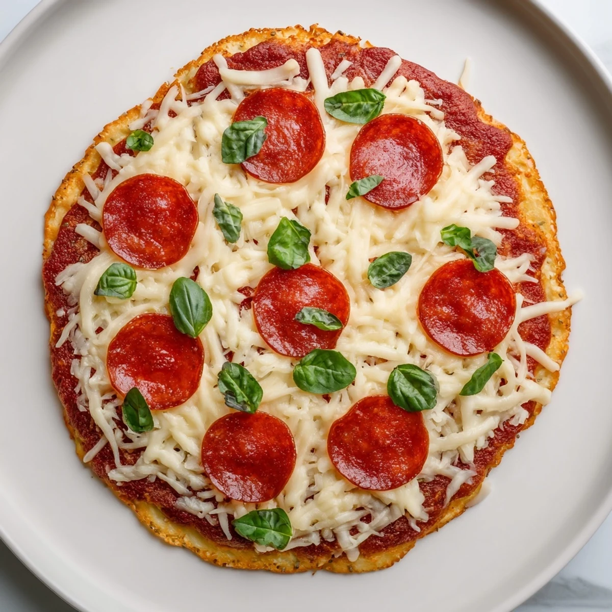 Golden, bubbly ground beef pizza base topped with cheese and pepperoni, ready to slice.