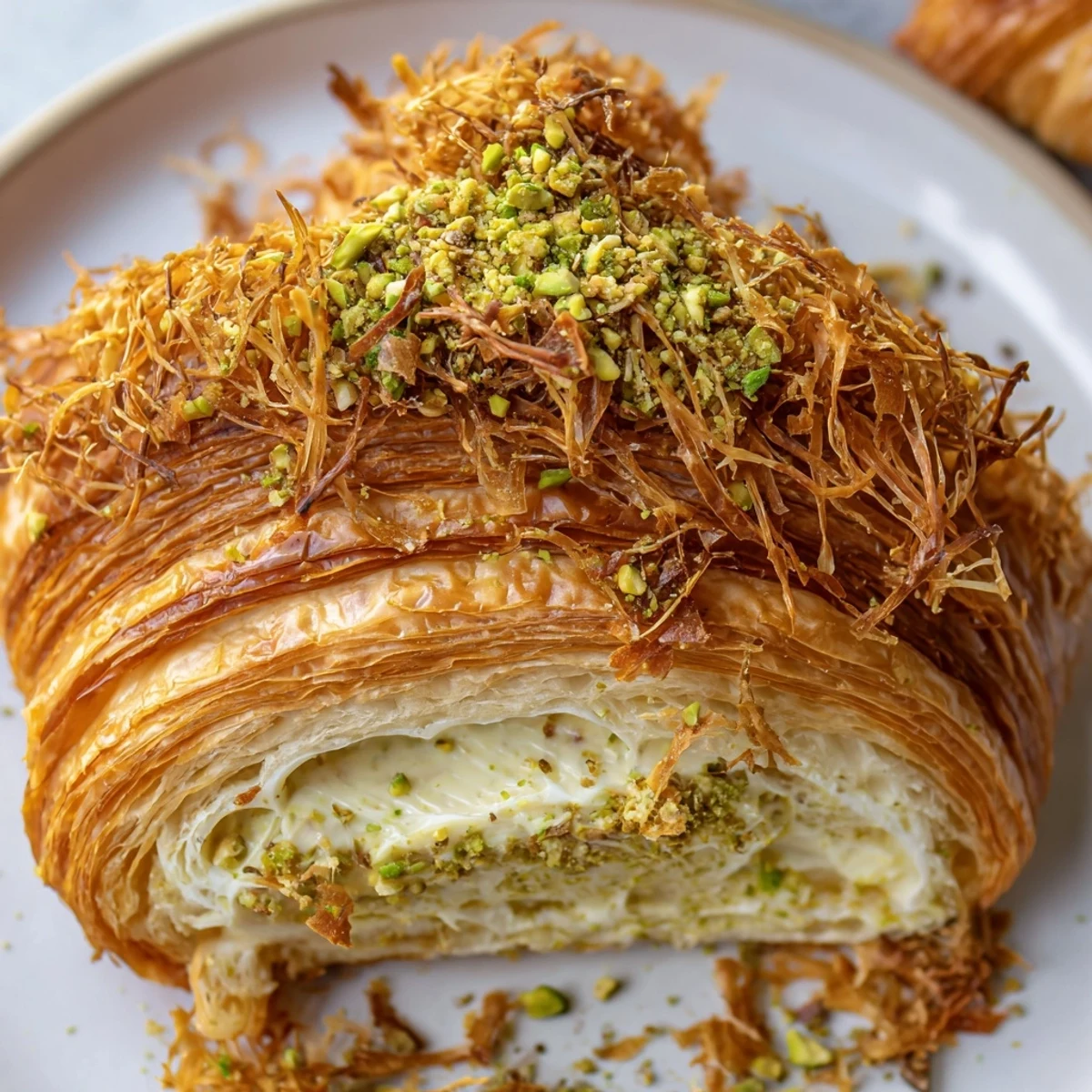 Golden, flaky Pistachio Cream Croissants, bursting with sweet pistachio filling and phyllo topping.