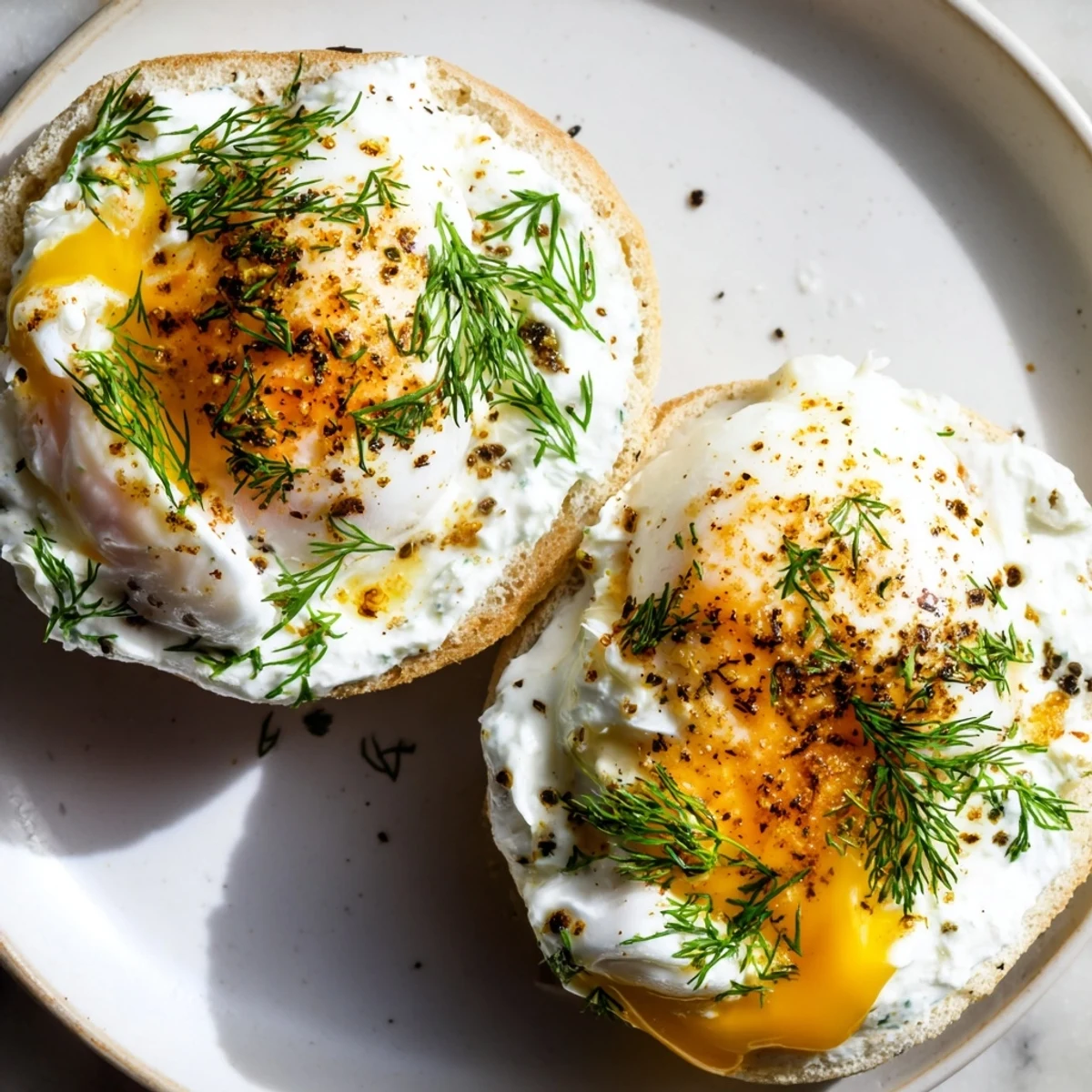 These Turkish-American Çılbır Eggs Benedict feature fluffy English muffins with luscious poached eggs and herbs.