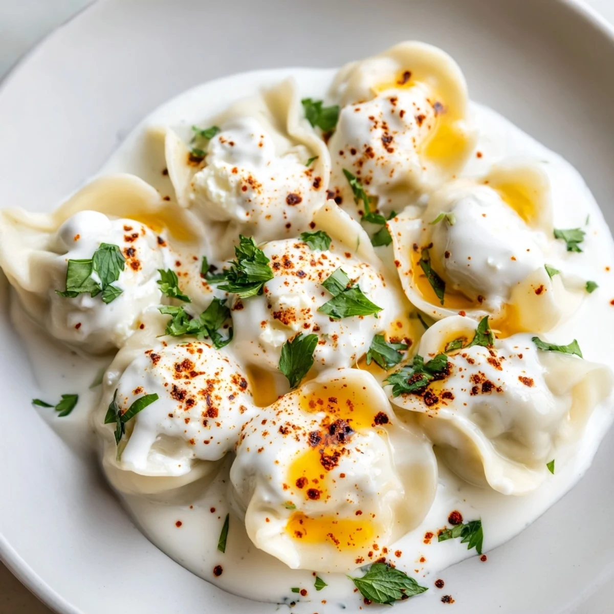 Plated Turkish Cheesy Manti with a creamy yogurt sauce, garnished with parsley and red pepper.