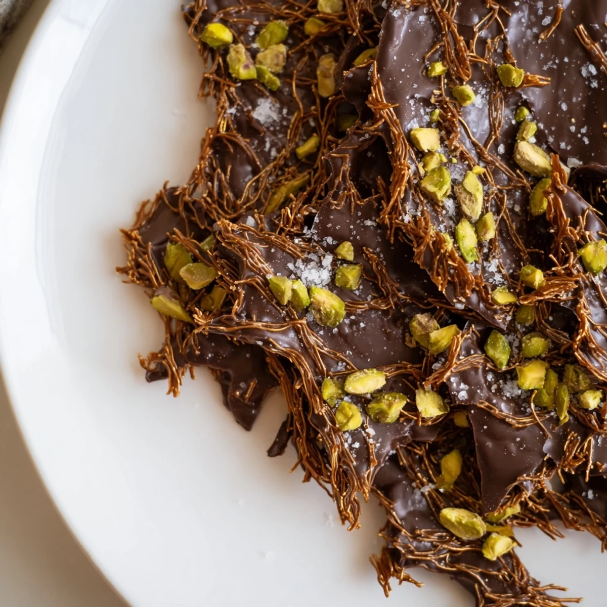 Homemade Kataifi chocolate crunch bark: visually layered dessert with golden, flaky kataifi, and dark chocolate.