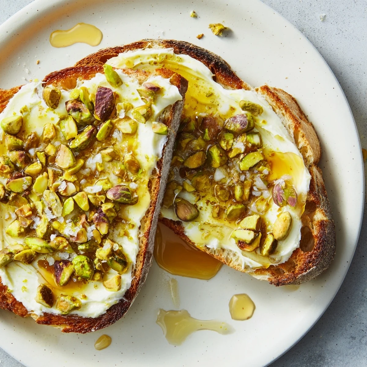 Golden, toasted bread generously topped with creamy pistachio butter and drizzled honey.
