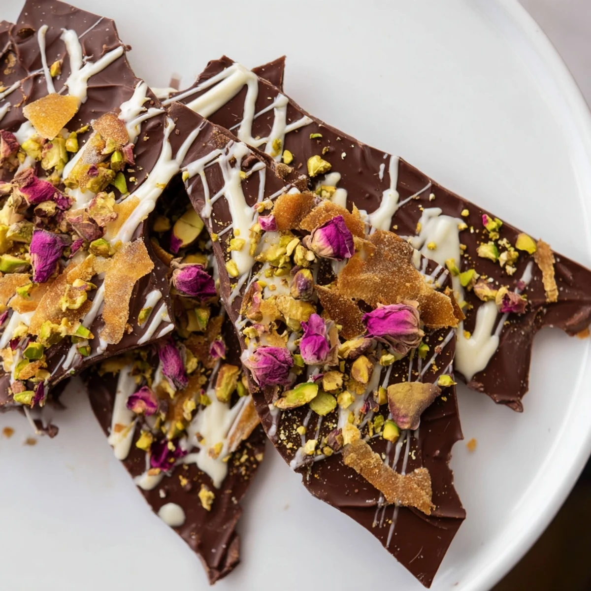Close-up of Pistachio Dubai Chocolate Bark: layers of dark chocolate, crunchy pistachios, and flaky phyllo.