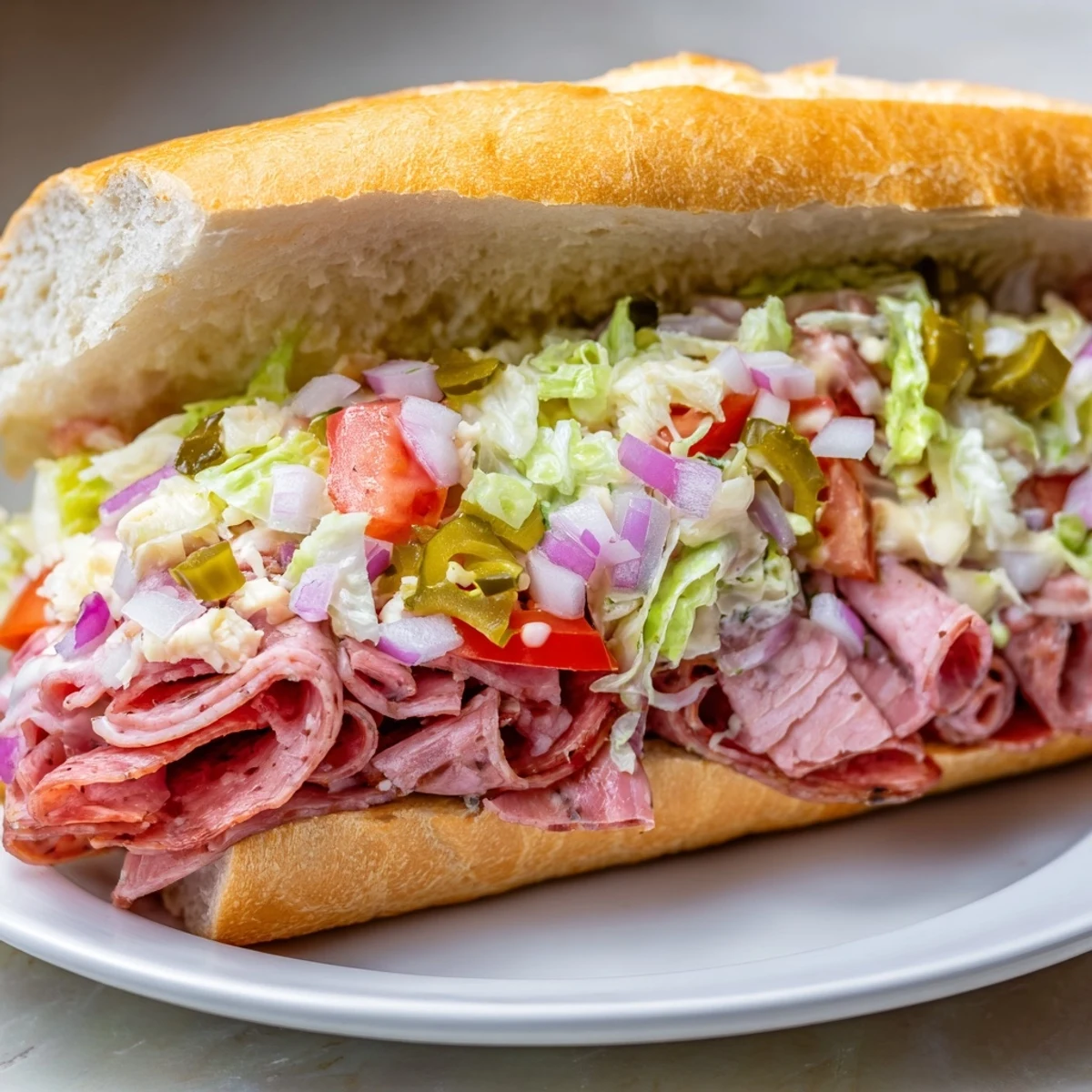 Close-up of a vibrant Chopped Italian Grinder sandwich, showcasing fresh ingredients and a toasted hoagie.
