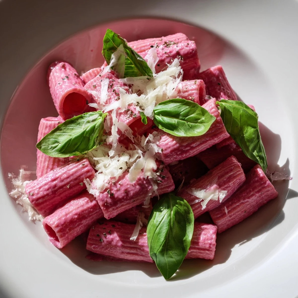 This pink pasta with beet cream showcases a rich, creamy sauce that clings to penne with deliciousness.
