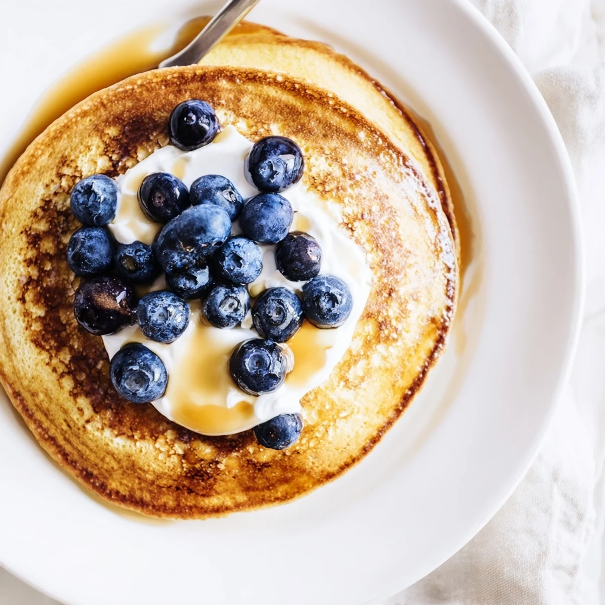 Golden cottage cheese pancakes, fluffy and light, served with fresh berries and maple syrup.