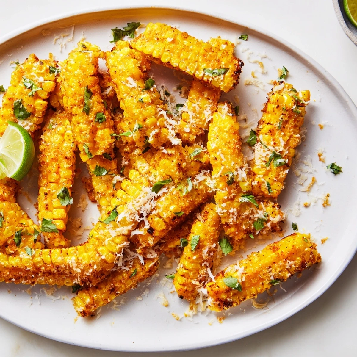 Golden, cheesy Corn Ribs with bubbly melted cheddar and fresh cilantro, a flavorful appetizer.