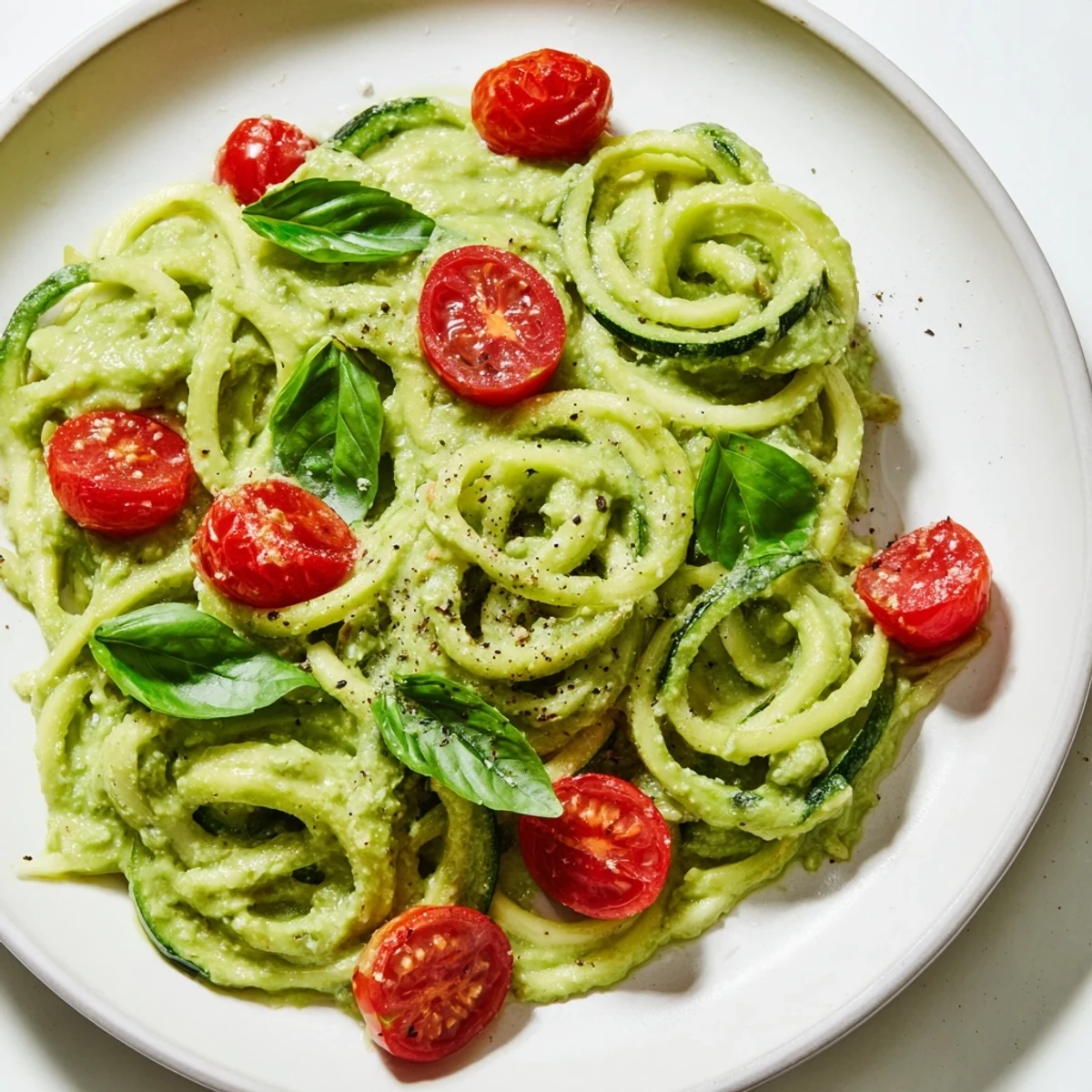 Creamy avocado pesto zoodles, a vibrant vegetarian meal topped with fresh cherry tomatoes.