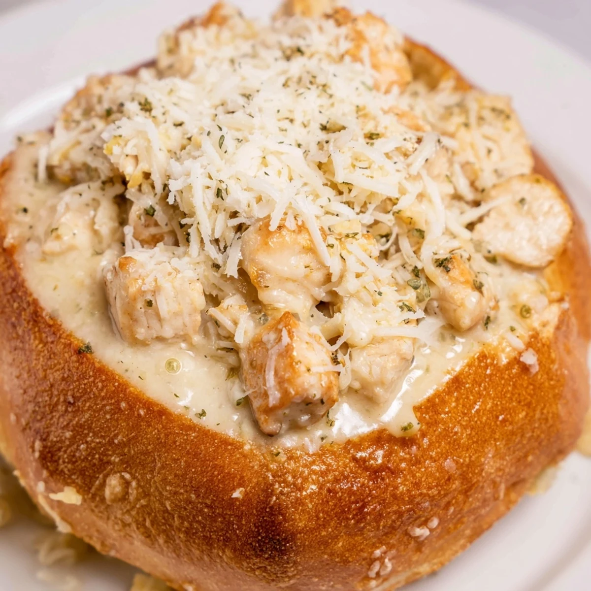 Hearty Italian-American Chicken Alfredo Bread Bowl, perfect for a comforting weeknight family dinner.