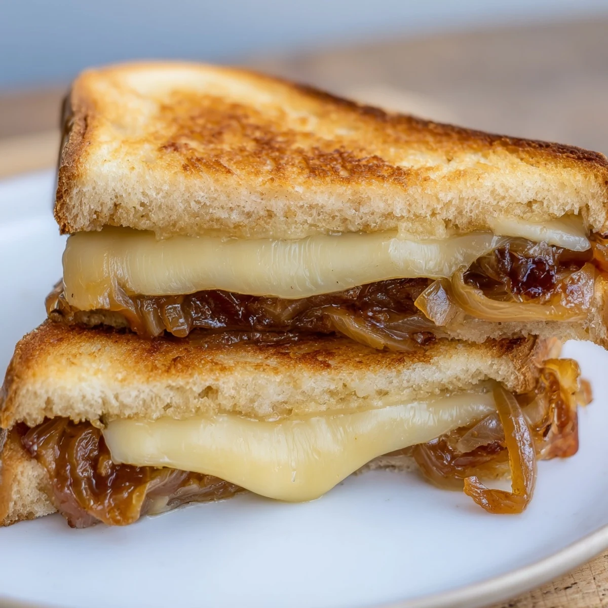 A close-up of Caramelized Onion Grilled Cheese with golden-brown sourdough and melted white cheddar.