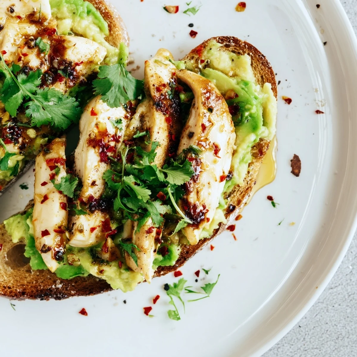 Golden grilled chicken slices layered over creamy smashed avocado on toasted sourdough, topped with chili flakes and a honey drizzle.