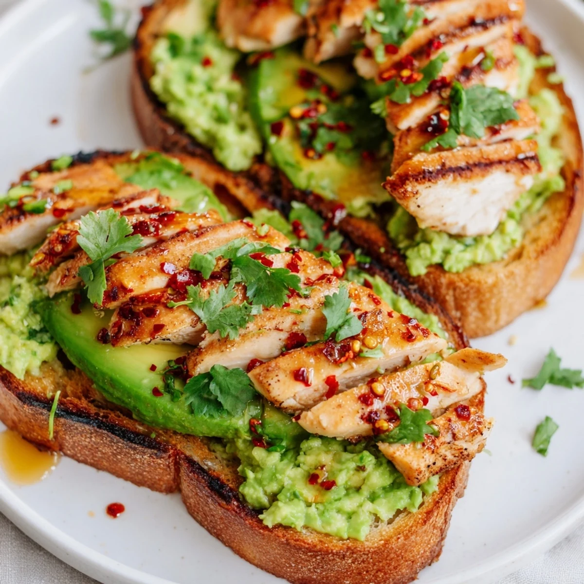 Savory-sweet Smashed Avocado Chicken Toast presents grilled chicken over mashed avocado on crusty toast, garnished with chili and honey.