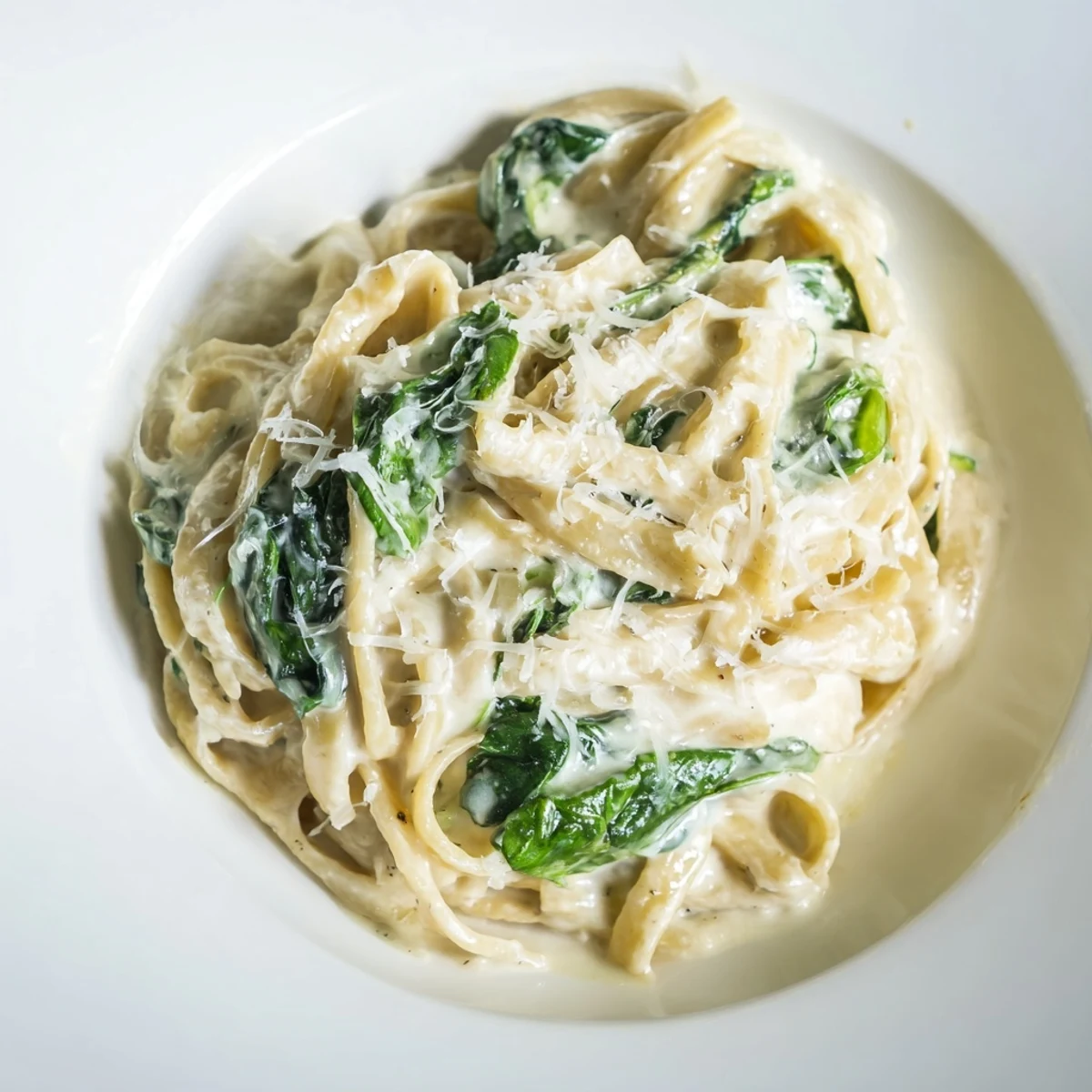 Creamy Garlic Spinach Pasta in a skillet with wilted greens and Parmesan, served as a comforting vegetarian weeknight meal.  