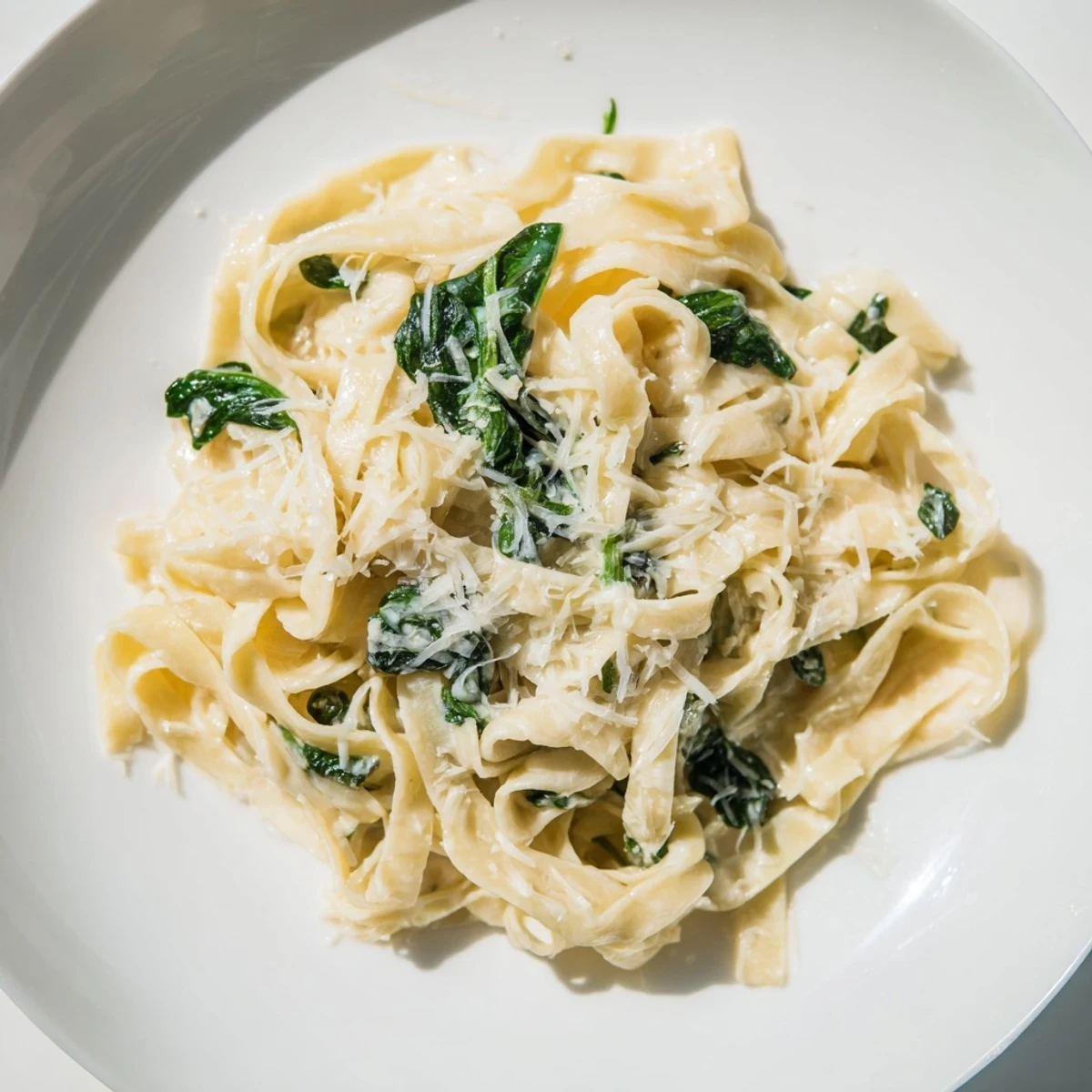 Steaming bowl of Creamy Garlic Spinach Pasta, highlighting tender noodles coated in a luscious sauce for an easy dinner.