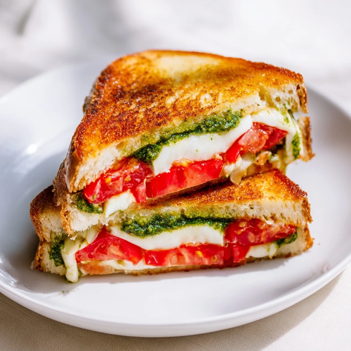 A golden Caprese Pesto Grilled Cheese on a wooden board, with melted mozzarella and fresh tomato slices oozing from the crusty sourdough.