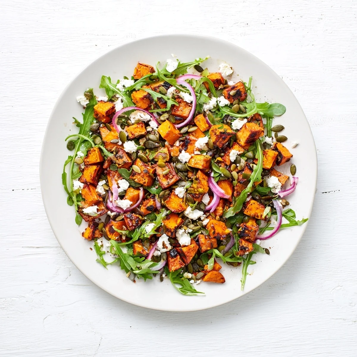 Tangy honey-lime dressing drizzled over a warm roasted sweet potato salad, topped with feta and optional toasted pumpkin seeds.