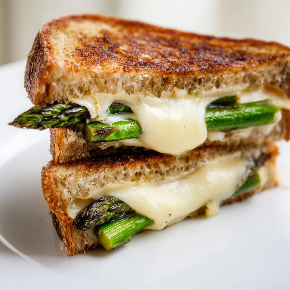 Warm, gooey Brie cheese cradles tender grilled asparagus between crispy, golden-brown sourdough slices in this savory sandwich.