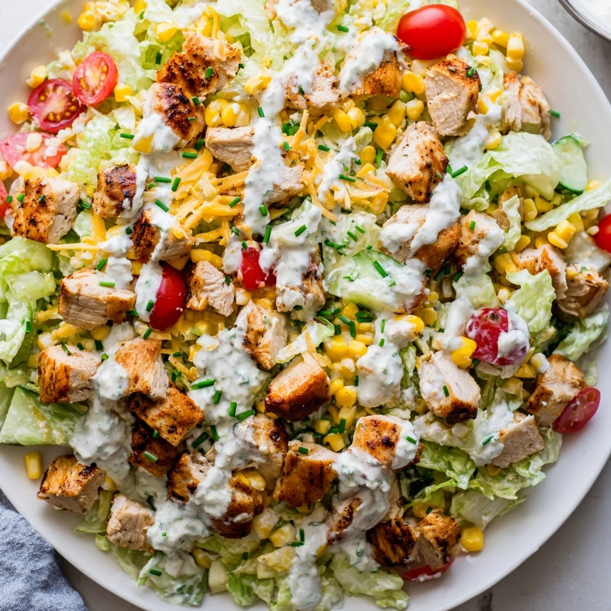 A close-up of Ranch Chicken Chopped Salad with juicy grilled chicken, sweet corn, and sharp cheddar over crisp romaine, all tossed in creamy Greek yogurt ranch dressing.