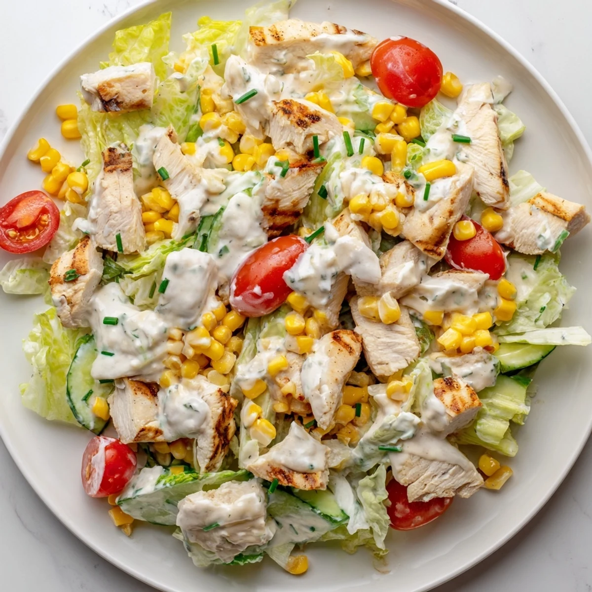 Fresh Ranch Chicken Chopped Salad in a white bowl, featuring vibrant red cherry tomatoes, diced cucumber, and green chives, ready for a light dinner or picnic.