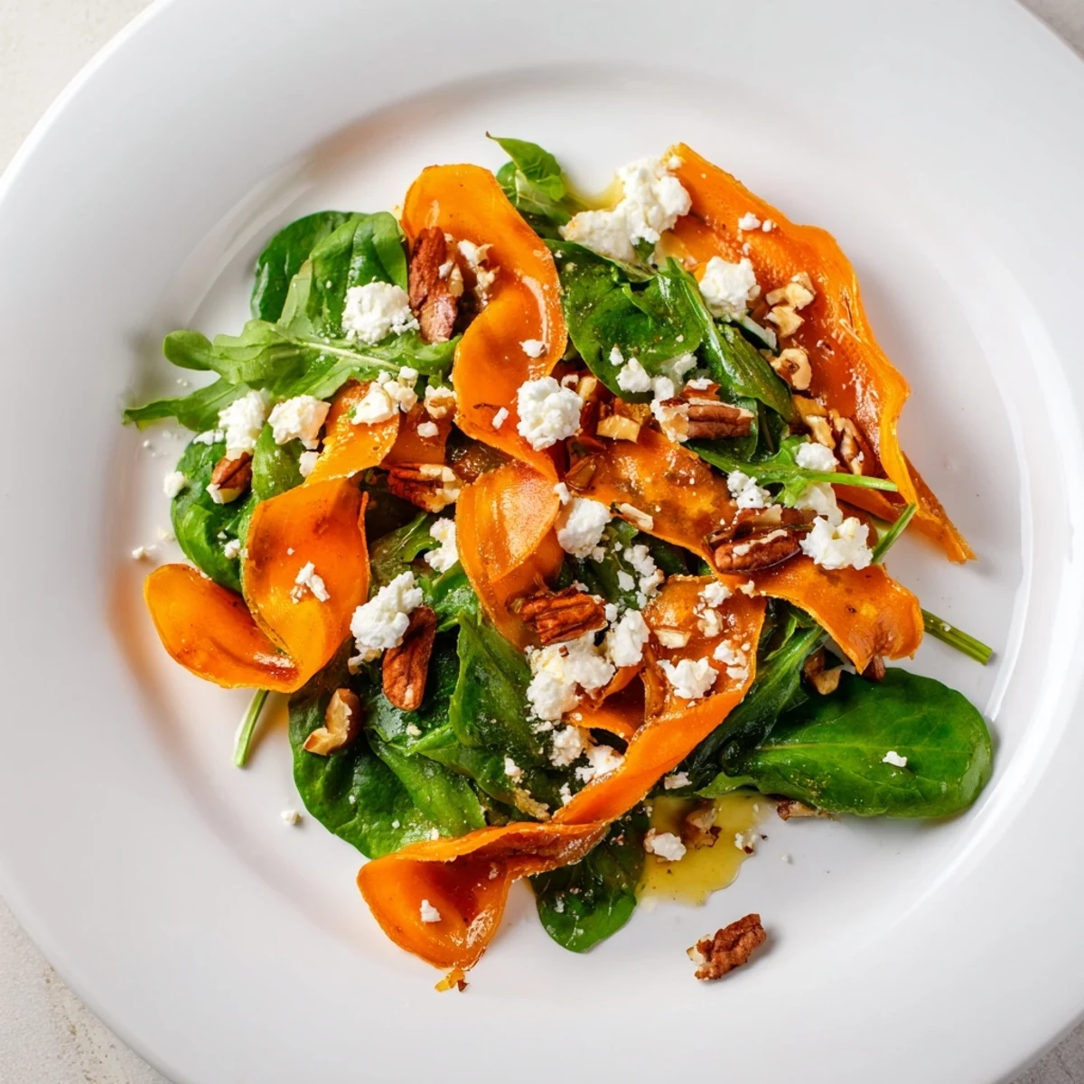 Oven-roasted carrot ribbons piled over fresh mixed greens, tossed with a honey-mustard vinaigrette and crumbled feta.