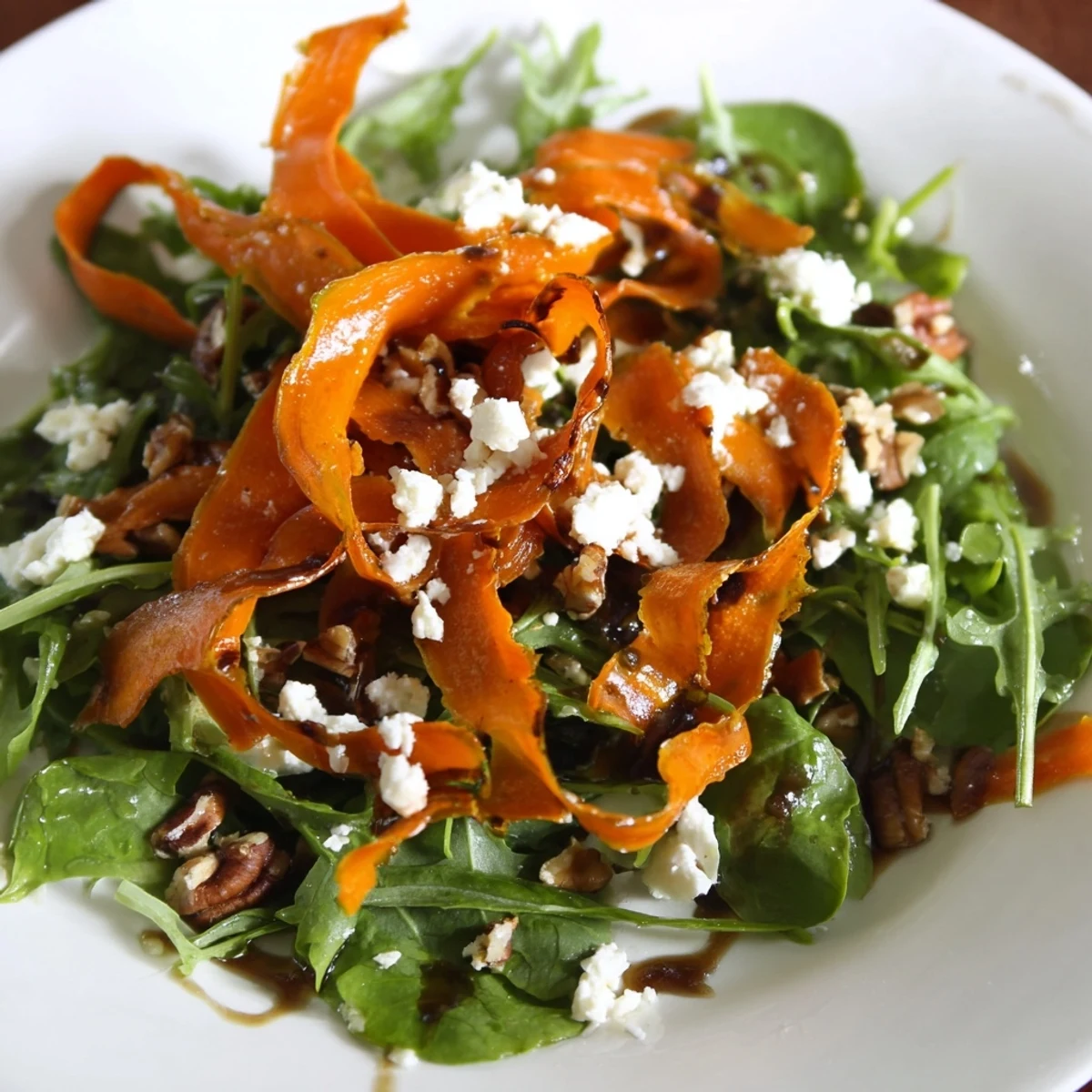 Tender, caramelized carrot ribbons arranged on arugula and spinach, finished with toasted pecans and fresh herbs.