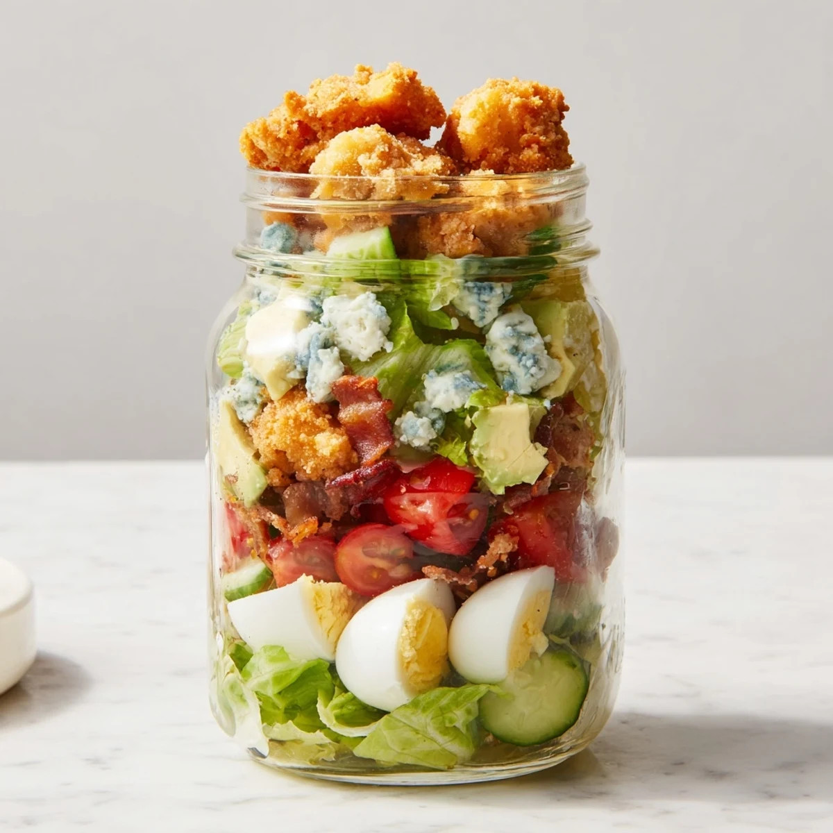 A clear jar displays the layered Crispy Chicken Cobb Salad with golden chicken bites, diced avocado, and crumbled bacon on a crisp romaine base.  