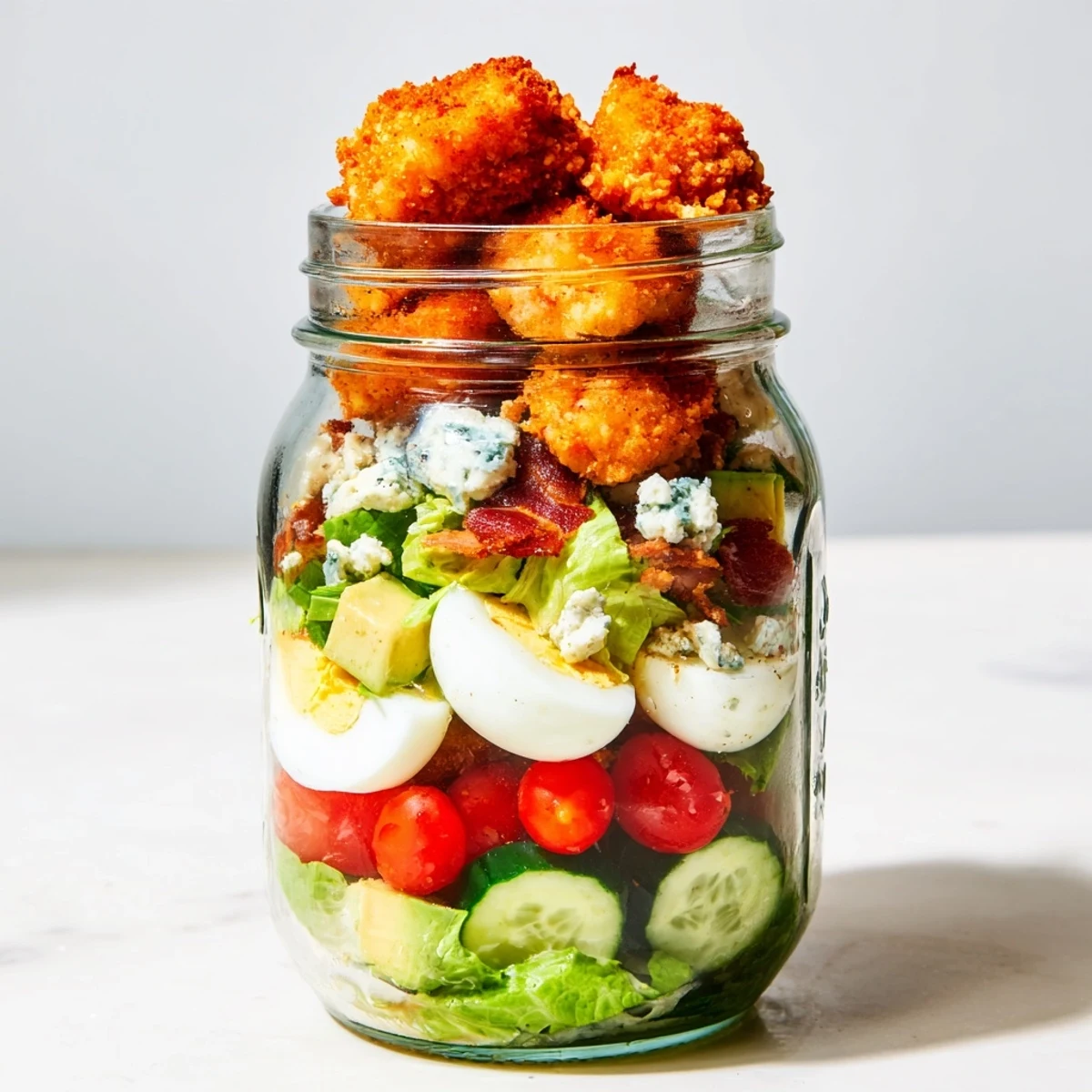 The Crispy Chicken Cobb Jar Salad shows hard-boiled eggs, smoky bacon crumbles, and tangy blue cheese in convenient portable layers.