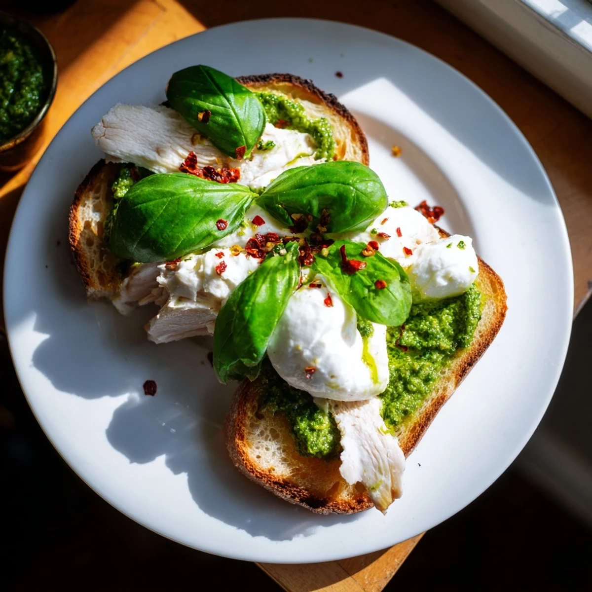 Golden-toasted sourdough slices topped with herb pesto, tender chicken, and creamy burrata, ready to enjoy.  